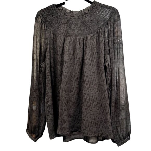 LOFT Tops - Loft Sheer Black Smocked Yoke Long-Sleeve Blouse With Subtle Print Size Large